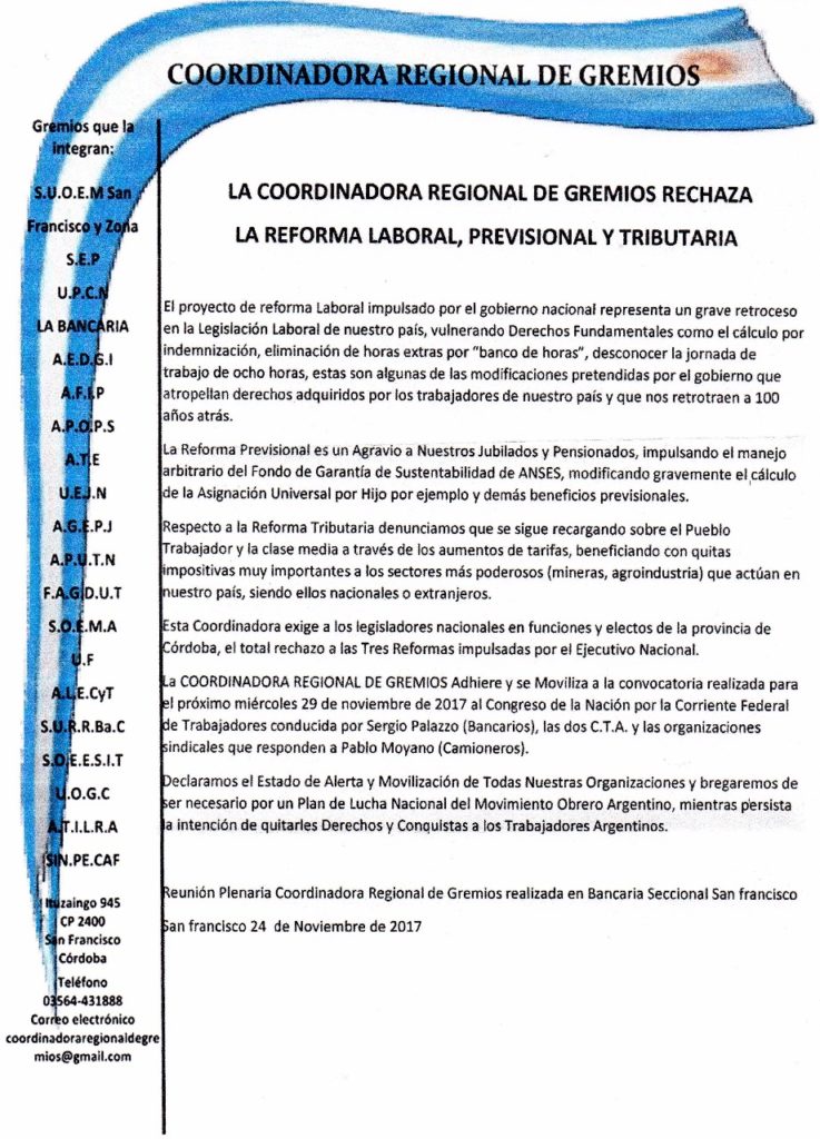 Comunicado de la Coordinadora Regional de Gremios