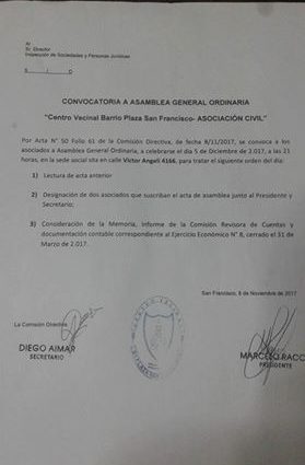 Acta del llamado a Asamblea