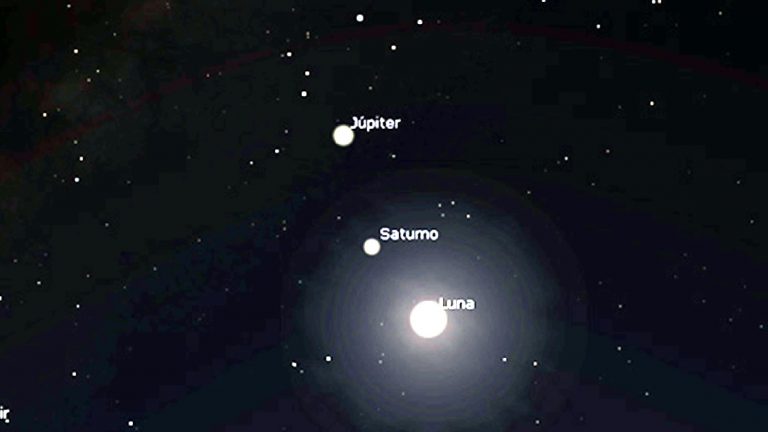 Acercamiento aparente de la Luna, Júpiter y Saturno