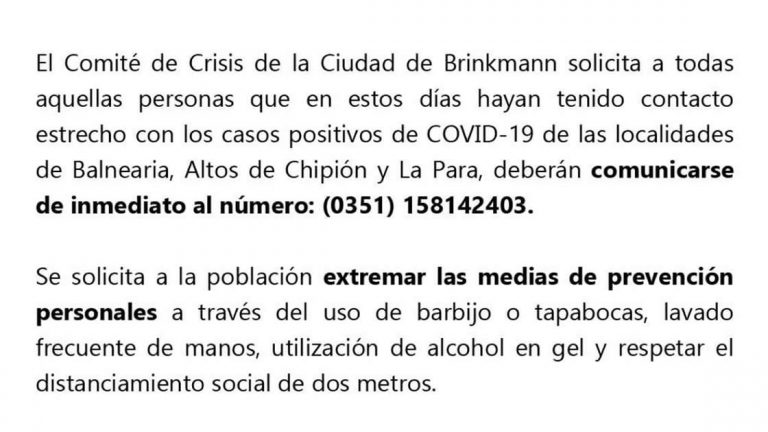 El Comité de Crisis emitió un comunicado ante el aumento de casos positivos en Chipión, Balnearia y La Para